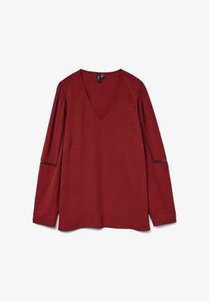 Blouse bordeaux à manches longues avec un col en V, en tissu texturé, et des détails en maille le long des manches. Coupe simple avec une coupe décontractée et des poignets.