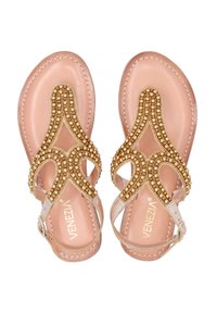 Beige flade sandaler med gyldne perledekorationer i et åbent tådesign, med en slip-on stil og en glat læderindersål.