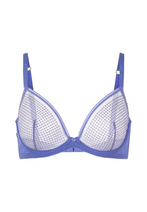 Soutien-gorge en dentelle violette avec une forme triangulaire, des bonnets transparents ornés de motifs brodés, des bretelles réglables et une fermeture centrale à crochet.