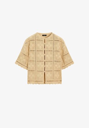 Beige gehäkeltes kurzärmeliges Cardigan mit floralen Quadratmustern, rundem Ausschnitt, gezackten Kanten und Knopfverschluss vorne.