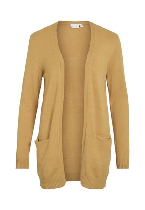 Odpeta kardigan iz grobe pletenine v gorčično rumeni barvi z dolgimi rokavi, dvema prednjima žepoma, rebrastimi manšetami in spodnjim robom, prikazan na enobarvnem ozadju.