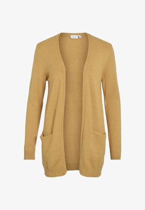 Odpeta kardigan iz grobe pletenine v gorčično rumeni barvi z dolgimi rokavi, dvema prednjima žepoma, rebrastimi manšetami in spodnjim robom, prikazan na enobarvnem ozadju.