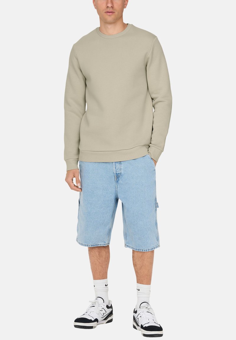 Beige Sweatshirt mit Rundhalsausschnitt, kombiniert mit hellblauen Jeansshorts. Schwarz-weiße Sneakers, weiße Socken. Schlichte, legere Kleidung.