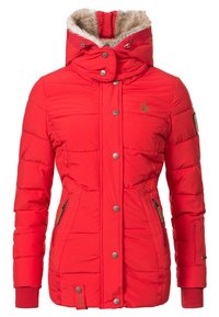 Red puffy jacket with a fur-lined hood, silver hardware, zippered pockets, and ribbed cuffs. Features vertical stitching on front.
