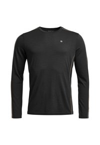 Black long-sleeve athletic shirt with slim fit, crew neck, subtle beige seam accents on sleeves and sides, and a small white logo on chest.