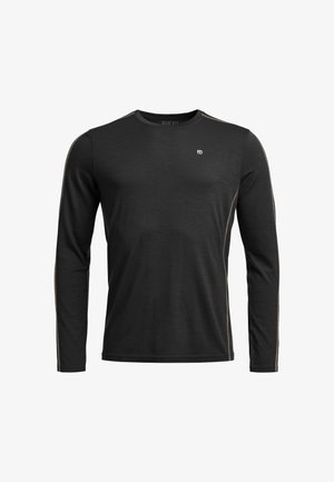 Black long-sleeve athletic shirt with slim fit, crew neck, subtle beige seam accents on sleeves and sides, and a small white logo on chest.