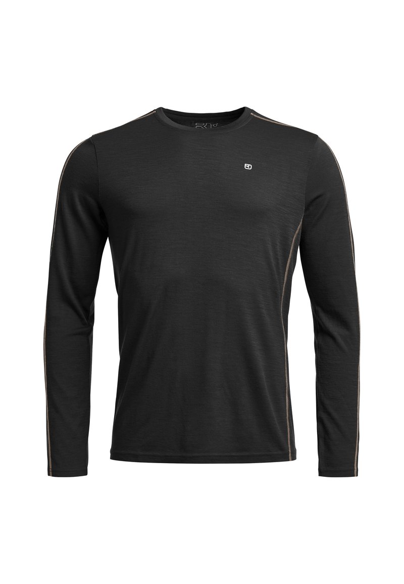 Black long-sleeve athletic shirt with slim fit, crew neck, subtle beige seam accents on sleeves and sides, and a small white logo on chest.