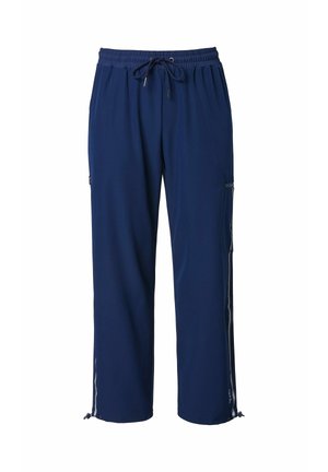 Donkerblauwe casual broek met elastische tailleband, trekkoord, zijzakken en verstelbare pijpzomen met reflecterende strepen aan de zijkanten.