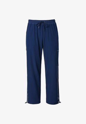 Donkerblauwe casual broek met elastische tailleband, trekkoord, zijzakken en verstelbare pijpzomen met reflecterende strepen aan de zijkanten.