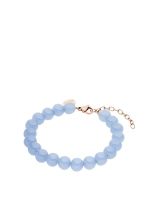 Light blue round bead bracelet with rose gold clasp and adjustable chain on a white background.