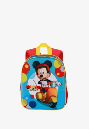 Blue backpack featuring a large graphic of Mickey Mouse on a scooter, with red and yellow accents, multidirectional polka dots, and a top handle.