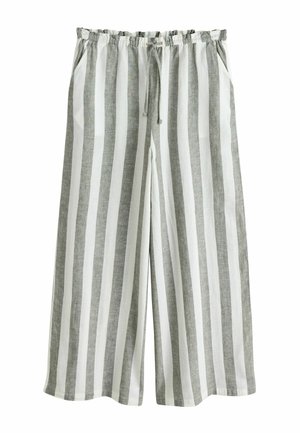 Grau-weiß gestreifte, weit geschnittene Hose mit elastischem Bund, Kordelzug und Seitentaschen; gefertigt aus leichtem Stoff mit strukturierter Oberfläche.