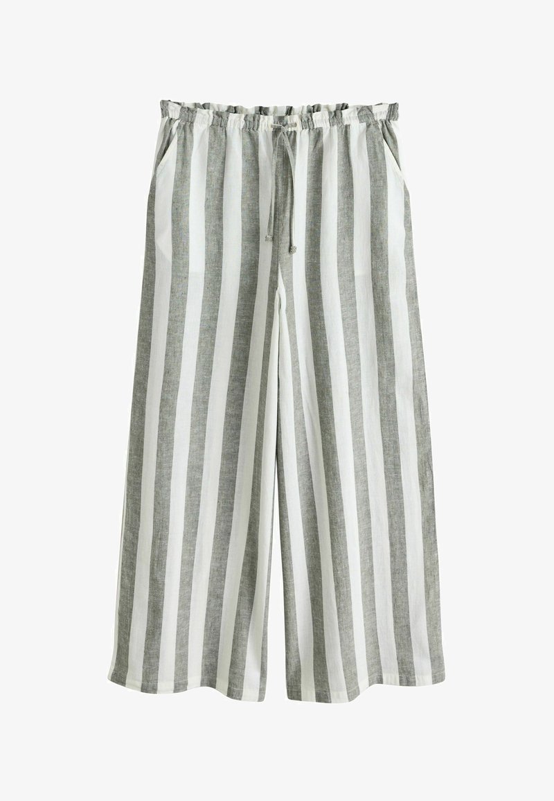 Pantalon large rayé gris et blanc avec une taille élastique, un cordon de serrage et des poches latérales ; fabriqué en tissu léger avec une finition texturée.