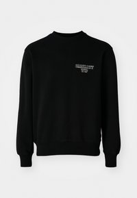 Black crewneck sweatshirt made of cotton blend fabric, featuring ribbed cuffs and hem, with a small white embroidered logo on the chest.
