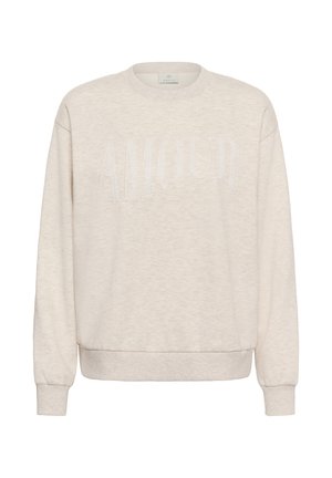 Bézs színű környakú pulóver hosszú ujjakkal, amelynek a mellkasán az "AMOUR" szó hímzett, az anyaghoz illő cérnával.