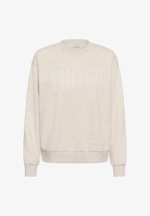 Bézs színű környakú pulóver hosszú ujjakkal, amelynek a mellkasán az "AMOUR" szó hímzett, az anyaghoz illő cérnával.