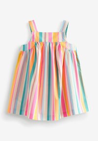 Raidallinen mekko leveillä olkaimilla, jossa on pystysuorat raidat vaaleanpunaisessa, oranssissa, turkoosissa ja kermassa. Pehmeää kangasta, jossa on kerrostettu hame.