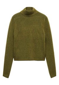Pull en col roulé vert olive, fabriqué en tricot doux, avec des manches longues et un design ajusté, doté d'un ourlet et d'un col côtelés.