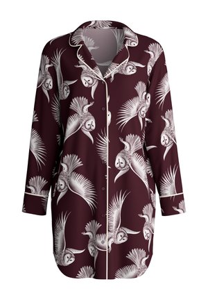 Heren pyjama overhemd in diep bordeauxrood met witte uilpatronen, lange mouwen, knoopsluiting en contrasterende piping langs de kraag en manchetten.