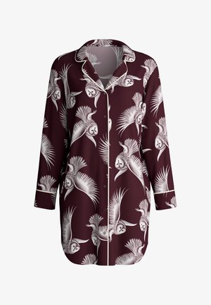 Heren pyjama overhemd in diep bordeauxrood met witte uilpatronen, lange mouwen, knoopsluiting en contrasterende piping langs de kraag en manchetten.
