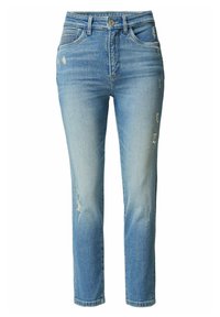 Jeans de color azul claro con una cintura ajustada, pierna ligeramente entallada, detalles desgastados, cinco bolsillos y una clásica cremallera.