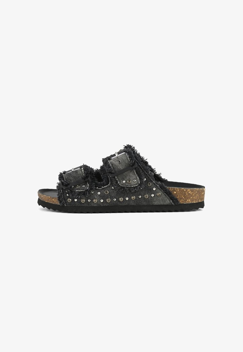 Black fabric slide sandal with frayed edges, two adjustable buckles, metal studs along the side, and a cork sole. Textured and casual design.