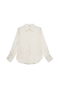 Camicia bianca con bottoni, maniche lunghe, colletto classico, tessuto liscio, orlo arrotondato, presenta un delicato dettaglio di cucitura lungo il colletto e i polsini.