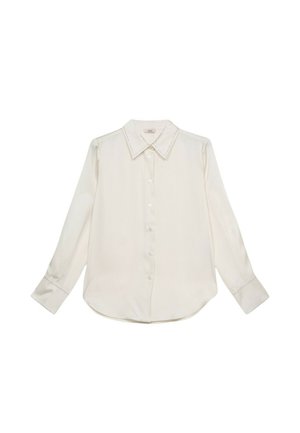 Witte button-up shirt, lange mouwen, klassieke kraag, gladde stof, ronde zoom, met een subtiele stikselafwerking langs de kraag en manchetten.