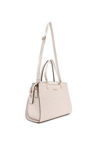 Borsa in pelle effetto coccodrillo crema con hardware dorato, manici doppi e tracolla rimovibile. Presenta una forma rettangolare strutturata.