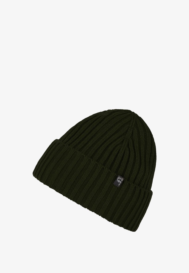 Dark green knit beanie with a ribbed texture. Features a folded cuff and a small black logo patch on the side. The design is casual and fitted.
