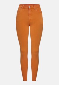 Oranje high-waisted skinny jeans gemaakt van een zachte katoenmix, met een knoopsluiting en een standaard vijf-pocketontwerp.