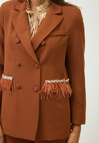 Blazer marrone doppiopetto con accenti di piume, tasche decorate e una texture liscia. Presenta bottoni rotondi e un rever a scollo a V.