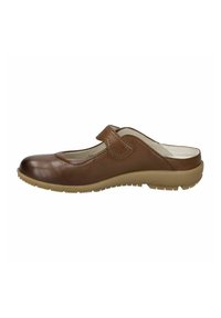 Brown leather slip-on shoe with a rounded toe, velcro strap, and lightweight rubber sole. Textured surface with stitched detailing.