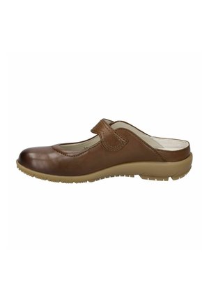 Brown leather slip-on shoe with a rounded toe, velcro strap, and lightweight rubber sole. Textured surface with stitched detailing.