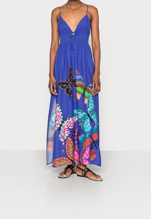 Maxi dress in un tessuto blu profondo, con vivaci motivi di farfalle in rosa, verde e arancione. Spalline regolabili e corpetto aderente.