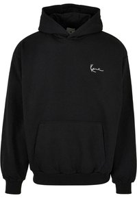 Sweatshirt à capuche noir en coton, avec une poche avant, des poignets côtelés et un logo signature blanc sur la poitrine gauche.