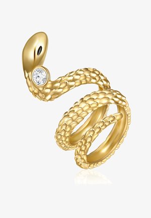 Guldsring i slangeform med strukturerede skæl og en diamantaccent, der viser et snoet design med glatte og skinnende overflader.