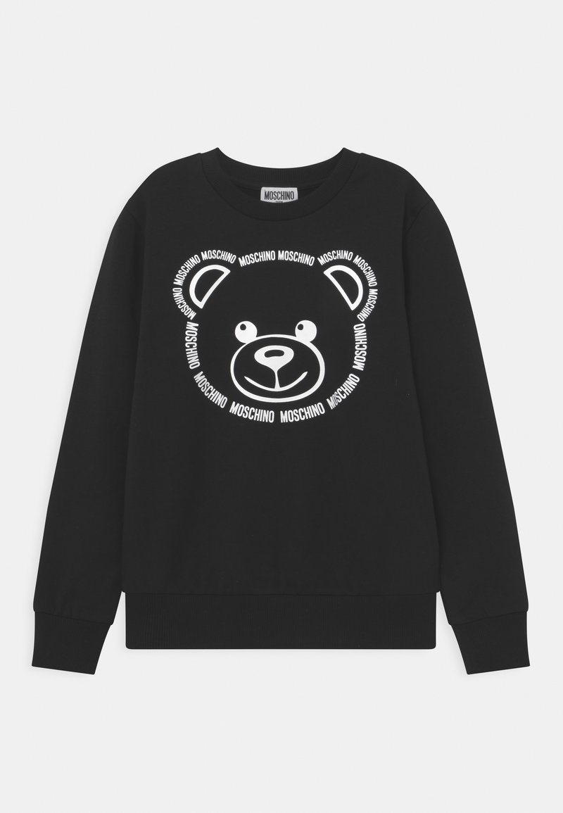 Sweatshirt noir avec un graphique d'ours blanc entouré du texte "Moschino". Le matériau semble doux avec des poignets et un ourlet côtelés.