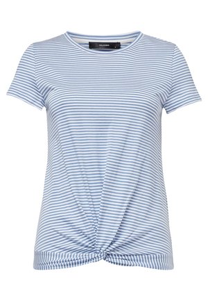 Blauw-wit horizontaal gestreept T-shirt met korte mouwen en een gedraaide knoop vooraan aan de zoom.