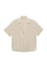 Blusa beige a maniche corte con texture morbida, colletto a lapel e sei bottoni centrali. Orlo dritto e tessuto soffice.