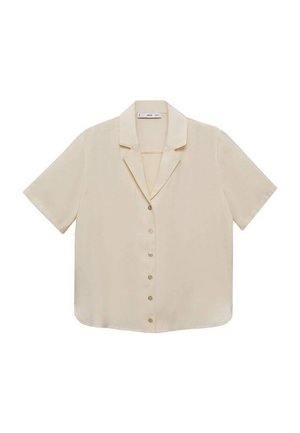 Bluză bej cu mâneci scurte, cu o textură netedă, guler tip rever și șase butoane centrale. Croială dreaptă la tiv și material moale.