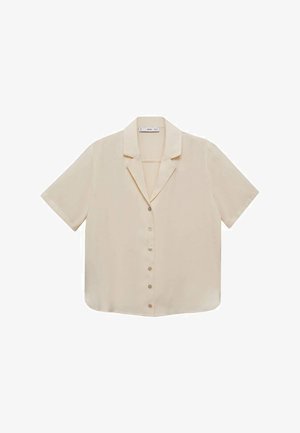 Krátký rukáv, béžová blůza s hladkým povrchem, límečkem a šesti centrálními knoflíky. Rovný lem a měkká látka.