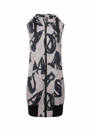 Vaatteet quilted sleeveless -liivi vaaleanharmaana, jossa on rohkeita mustia abstrakteja kuvioita. Edessä vetoketju ja musta ribbireuna. Varustettu säädettävillä nyöreillä varustetulla hupulla.