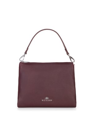 Borse in pelle bordeaux con manico singolo, zip argentata e logo in metallo "Wittchen" sul davanti.