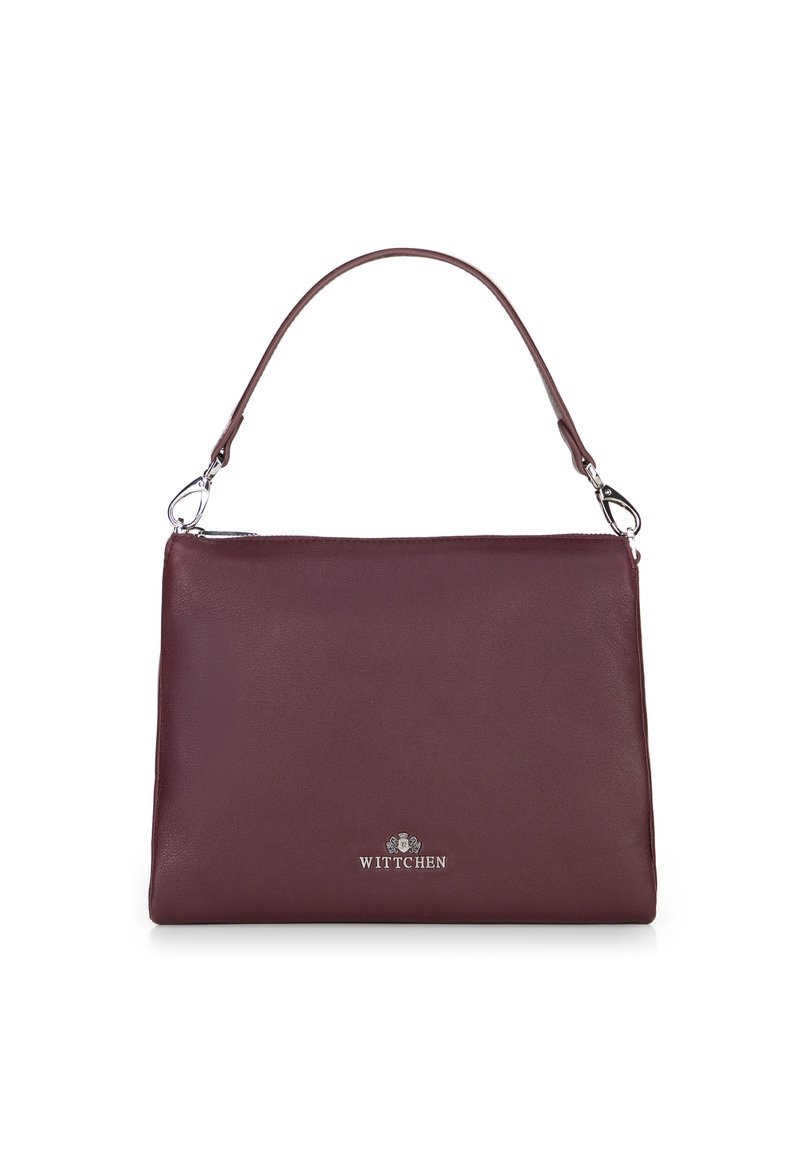 Borse in pelle bordeaux con manico singolo, zip argentata e logo in metallo "Wittchen" sul davanti.