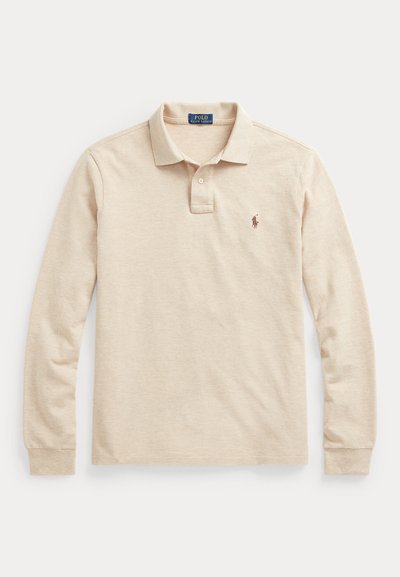 Beige long-sleeve polo shirt made of cotton, featuring a three-button placket, ribbed cuffs, and a small embroidered logo on the chest.