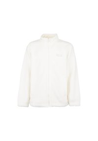 Witte fleecejas met hoge kraag, volledige ritssluiting en twee voorkruiszakken. Zachte textuur met een glad voorpaneel.
