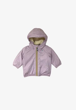 Giacca puffa rosa chiaro con un interno morbido crema, polsini elasticizzati e una zip frontale con una striscia gialla e blu che corre lungo il centro.