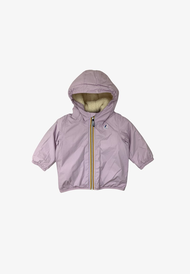 Giacca puffa rosa chiaro con un interno morbido crema, polsini elasticizzati e una zip frontale con una striscia gialla e blu che corre lungo il centro.