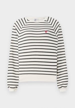 Stribet sweatshirt i off-white og sort med raglanærmer, rund halsudskæring og lille rød hjertebroderi på brystet. Blødt stof.